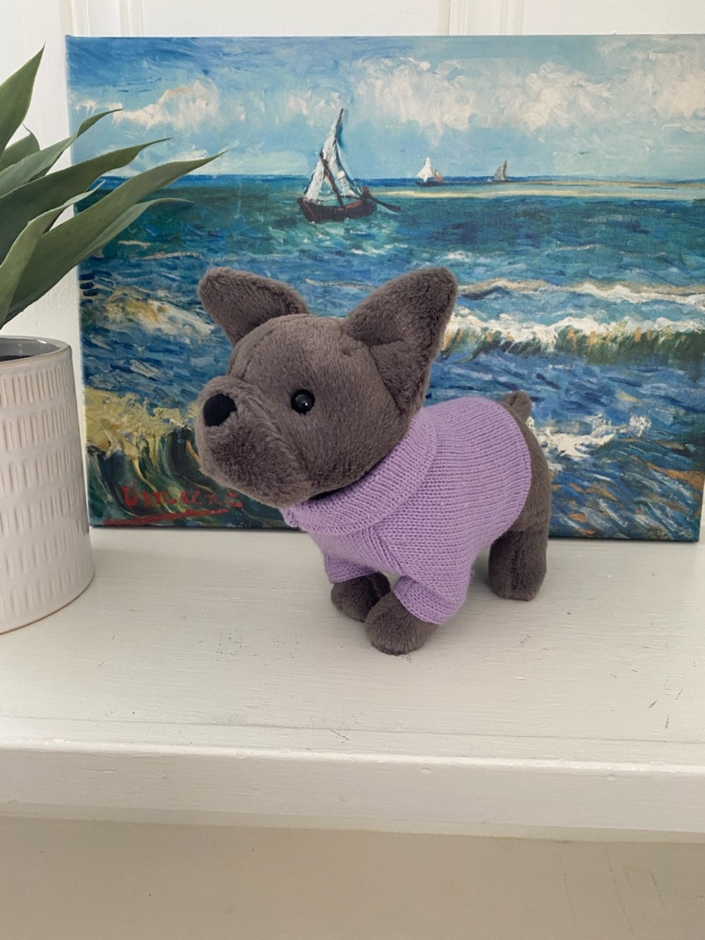 Jellycat Gray Plush Dog with Lilac Sweater